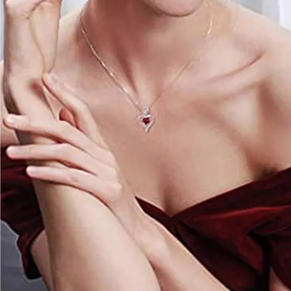 Beautiful 925 Silver Diamond Ruby Rose Heart Necklace